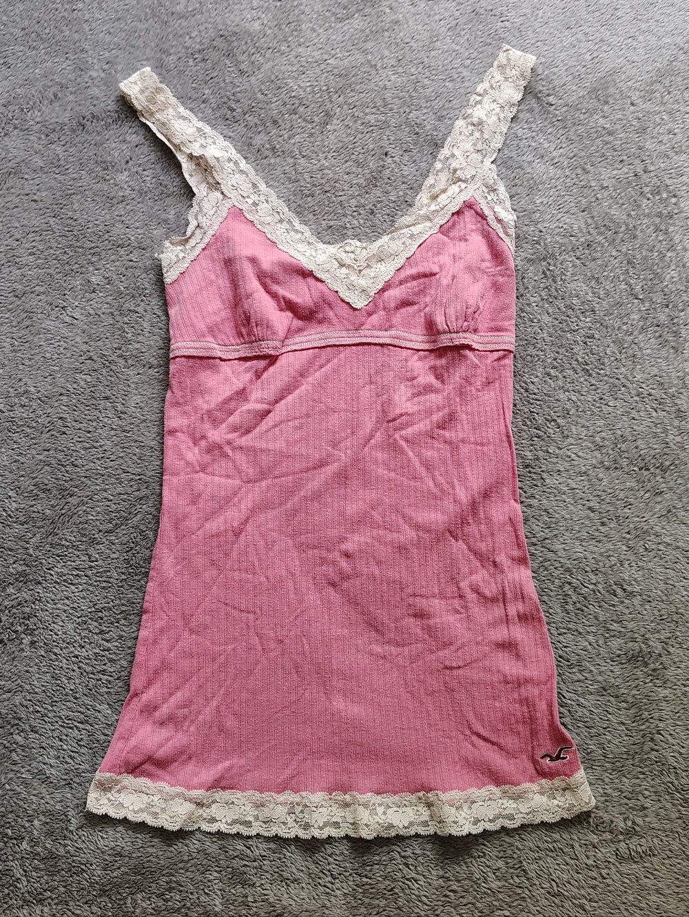 Y2K Vintage Hollister Ribbed Lace Trim Pink Cami Preppy Tank Top Small MediumA